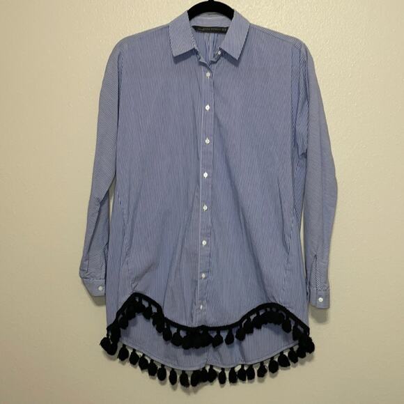 ZARA Woman Blue and White Striped Button Down Blouse with Tassels Size XS - Picture 2 of 8